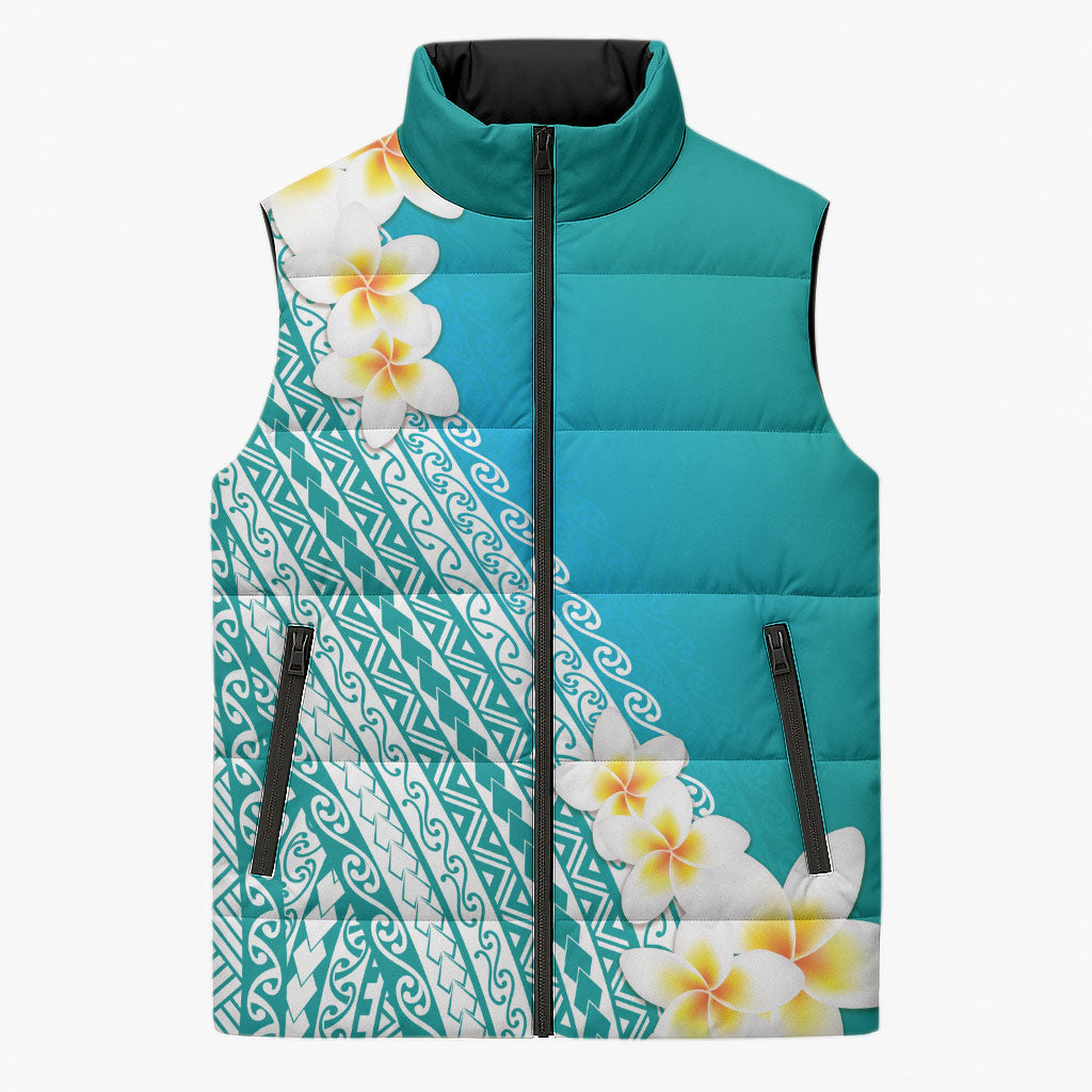 Tahiti Plumeria Tribal Pattern Sleeveless Puffer Jacket Wave Style Turquoise LT05 Unisex Turquoise - Polynesian Pride