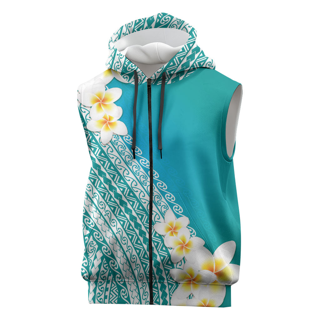 Tahiti Plumeria Tribal Pattern Sleeveless Zip Hoodie Wave Style Turquoise LT05 Turquoise - Polynesian Pride