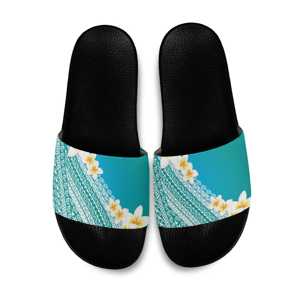 Tahiti Plumeria Tribal Pattern Slide Sandals Wave Style Turquoise LT05 Turquoise - Polynesian Pride