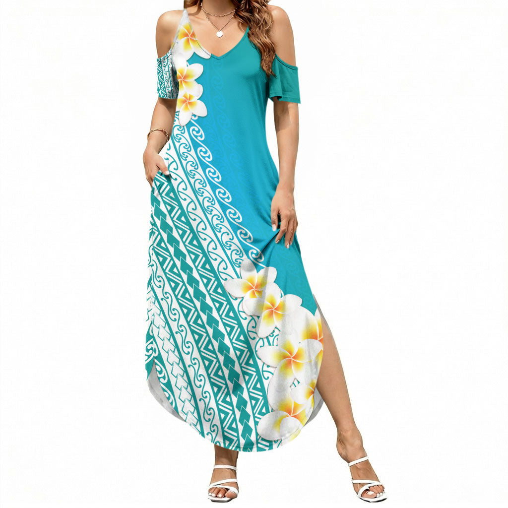 Tahiti Plumeria Tribal Pattern Summer Maxi Dress Wave Style Turquoise LT05 Women Turquoise - Polynesian Pride