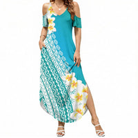 Tahiti Plumeria Tribal Pattern Summer Maxi Dress Wave Style Turquoise LT05 Women Turquoise - Polynesian Pride