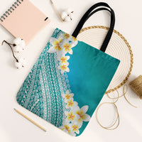 Tahiti Plumeria Tribal Pattern Tote Bag Wave Style Turquoise LT05 Black Strap One Size Turquoise - Polynesian Pride