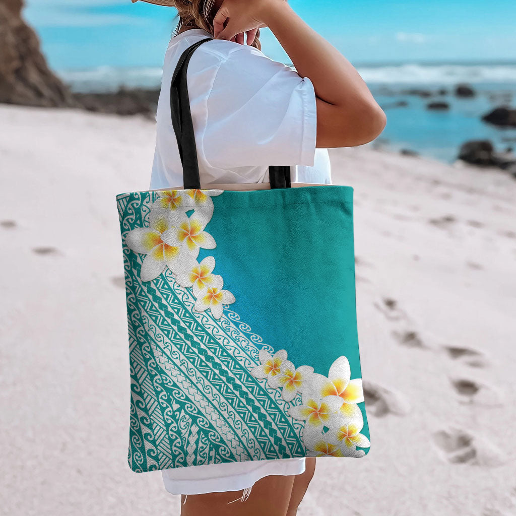 Tahiti Plumeria Tribal Pattern Tote Bag Wave Style Turquoise LT05 - Polynesian Pride