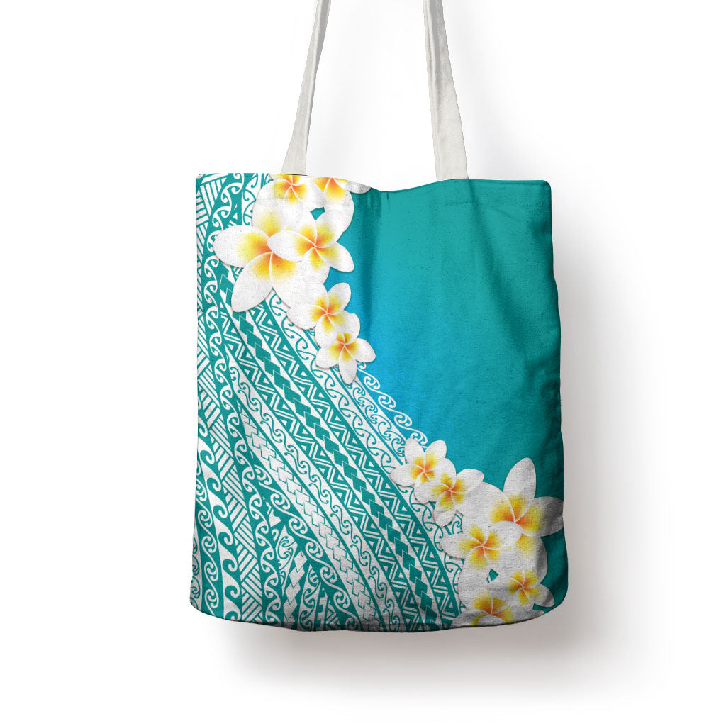 Tahiti Plumeria Tribal Pattern Tote Bag Wave Style Turquoise LT05 - Polynesian Pride