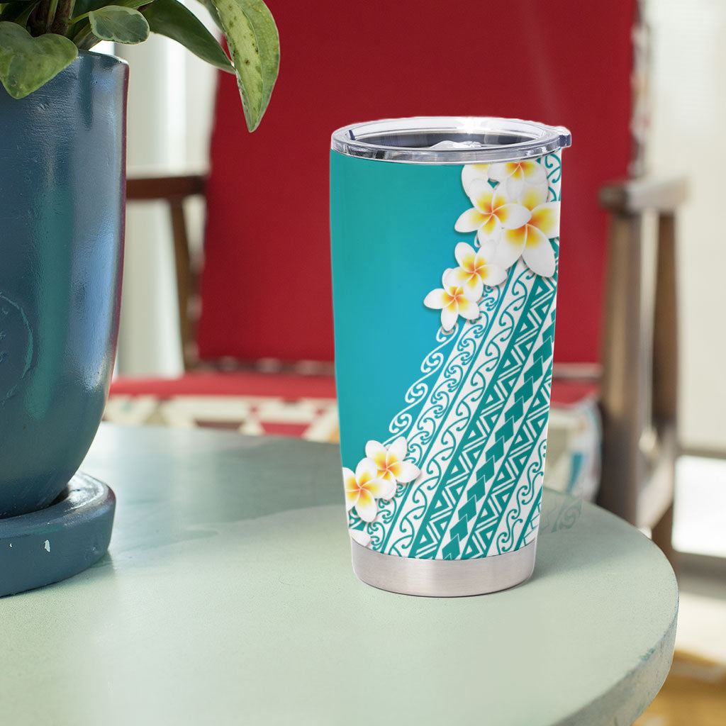 Tahiti Plumeria Tribal Pattern Tumbler Cup Wave Style Turquoise LT05 - Polynesian Pride