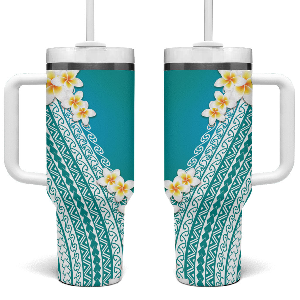Tahiti Plumeria Tribal Pattern Tumbler With Handle Wave Style Turquoise LT05 One Size: 40 oz Turquoise - Polynesian Pride