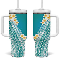 Tahiti Plumeria Tribal Pattern Tumbler With Handle Wave Style Turquoise LT05 One Size: 40 oz Turquoise - Polynesian Pride