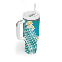 Tahiti Plumeria Tribal Pattern Tumbler With Handle Wave Style Turquoise LT05 - Polynesian Pride