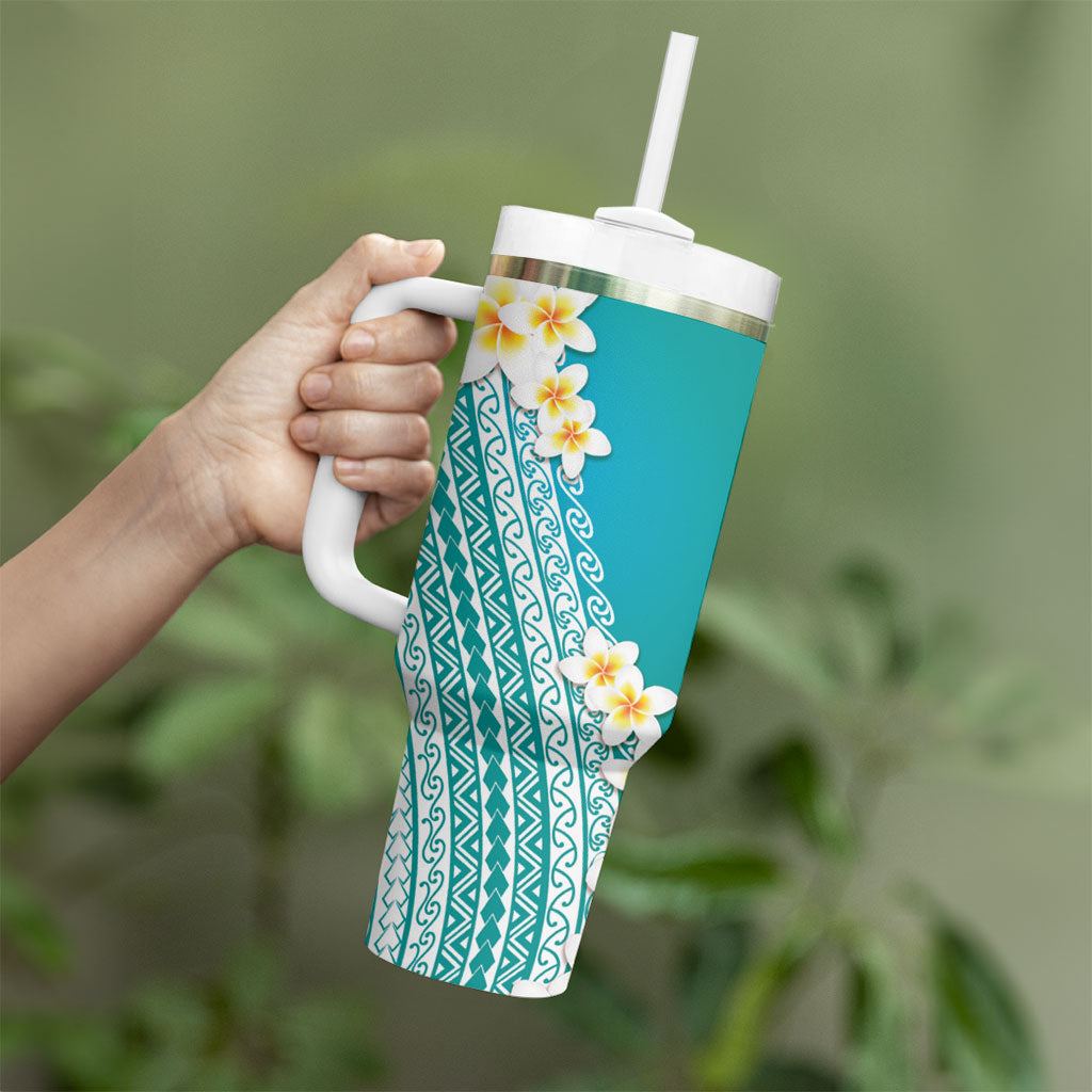 Tahiti Plumeria Tribal Pattern Tumbler With Handle Wave Style Turquoise LT05 - Polynesian Pride