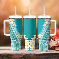 Tahiti Plumeria Tribal Pattern Tumbler With Handle Wave Style Turquoise LT05 - Polynesian Pride