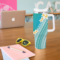 Tahiti Plumeria Tribal Pattern Tumbler With Handle Wave Style Turquoise LT05 - Polynesian Pride