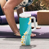 Tahiti Plumeria Tribal Pattern Tumbler With Handle Wave Style Turquoise LT05 - Polynesian Pride