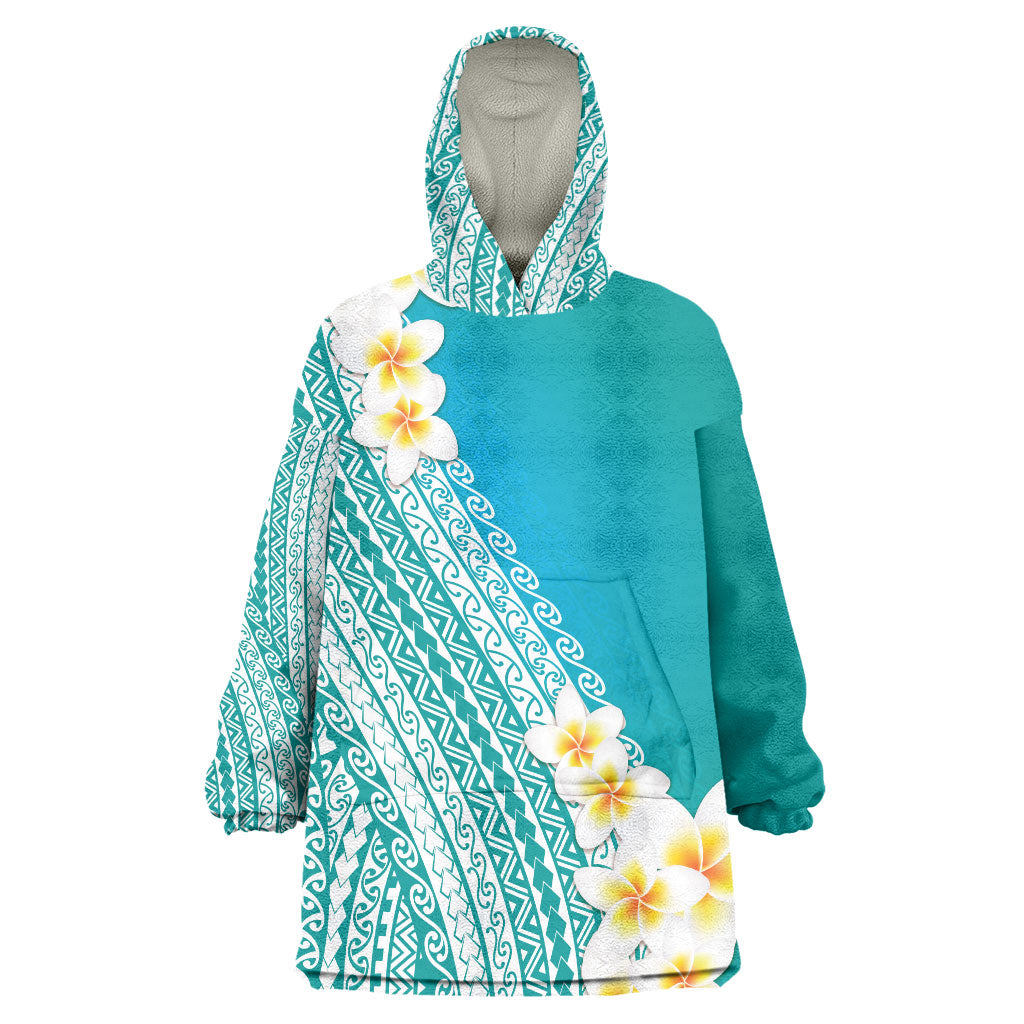 Tahiti Plumeria Tribal Pattern Wearable Blanket Hoodie Wave Style Turquoise LT05 One Size Turquoise - Polynesian Pride