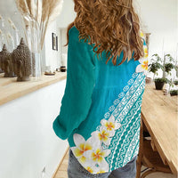 Tahiti Plumeria Tribal Pattern Women Casual Shirt Wave Style Turquoise LT05 - Polynesian Pride