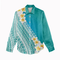 Tahiti Plumeria Tribal Pattern Women Casual Shirt Wave Style Turquoise LT05 - Polynesian Pride