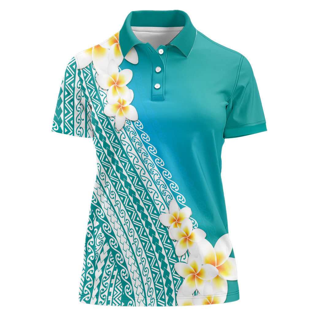 Tahiti Plumeria Tribal Pattern Women Polo Shirt Wave Style Turquoise LT05 Female Turquoise - Polynesian Pride