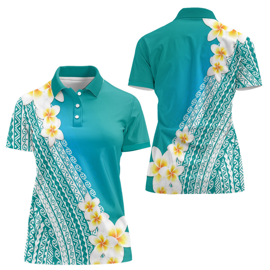 Tahiti Plumeria Tribal Pattern Women Polo Shirt Wave Style Turquoise LT05 - Polynesian Pride