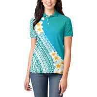 Tahiti Plumeria Tribal Pattern Women Polo Shirt Wave Style Turquoise LT05 - Polynesian Pride