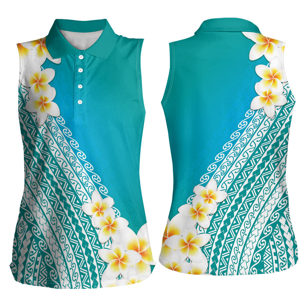 Tahiti Plumeria Tribal Pattern Women Sleeveless Polo Shirt Wave Style Turquoise LT05 - Polynesian Pride