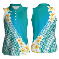 Tahiti Plumeria Tribal Pattern Women Sleeveless Polo Shirt Wave Style Turquoise LT05 - Polynesian Pride