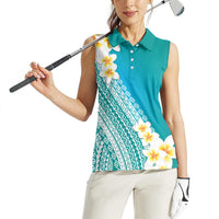 Tahiti Plumeria Tribal Pattern Women Sleeveless Polo Shirt Wave Style Turquoise LT05 - Polynesian Pride