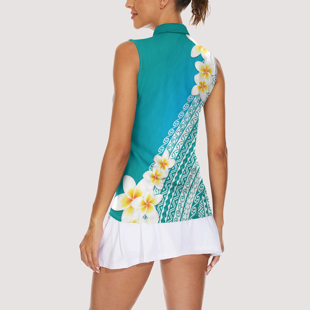 Tahiti Plumeria Tribal Pattern Women Sleeveless Polo Shirt Wave Style Turquoise LT05 - Polynesian Pride