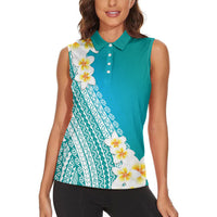Tahiti Plumeria Tribal Pattern Women Sleeveless Polo Shirt Wave Style Turquoise LT05 - Polynesian Pride