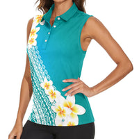 Tahiti Plumeria Tribal Pattern Women Sleeveless Polo Shirt Wave Style Turquoise LT05 - Polynesian Pride