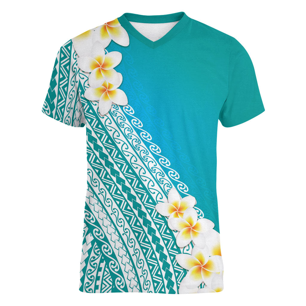 Tahiti Plumeria Tribal Pattern Women V-Neck T-Shirt Wave Style Turquoise LT05 Female Turquoise - Polynesian Pride