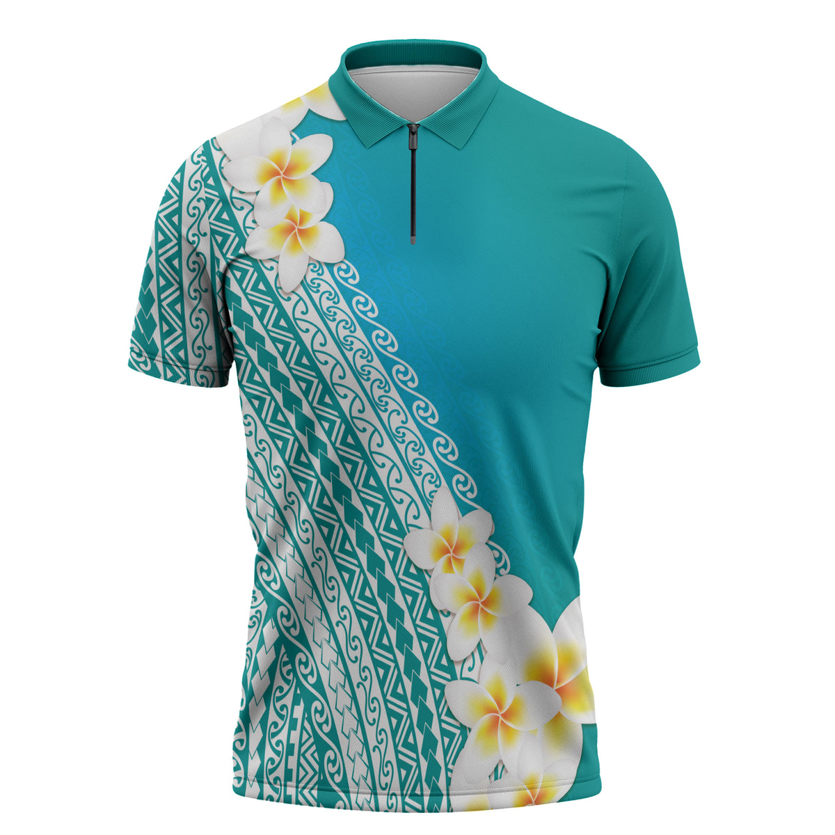 Tahiti Plumeria Tribal Pattern Zipper Polo Shirt Wave Style Turquoise LT05 Turquoise - Polynesian Pride