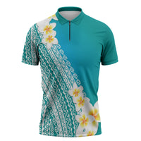 Tahiti Plumeria Tribal Pattern Zipper Polo Shirt Wave Style Turquoise LT05 Turquoise - Polynesian Pride