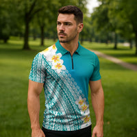 Tahiti Plumeria Tribal Pattern Zipper Polo Shirt Wave Style Turquoise LT05 - Polynesian Pride