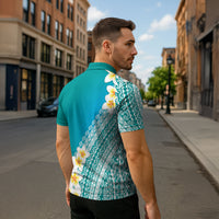 Tahiti Plumeria Tribal Pattern Zipper Polo Shirt Wave Style Turquoise LT05 - Polynesian Pride