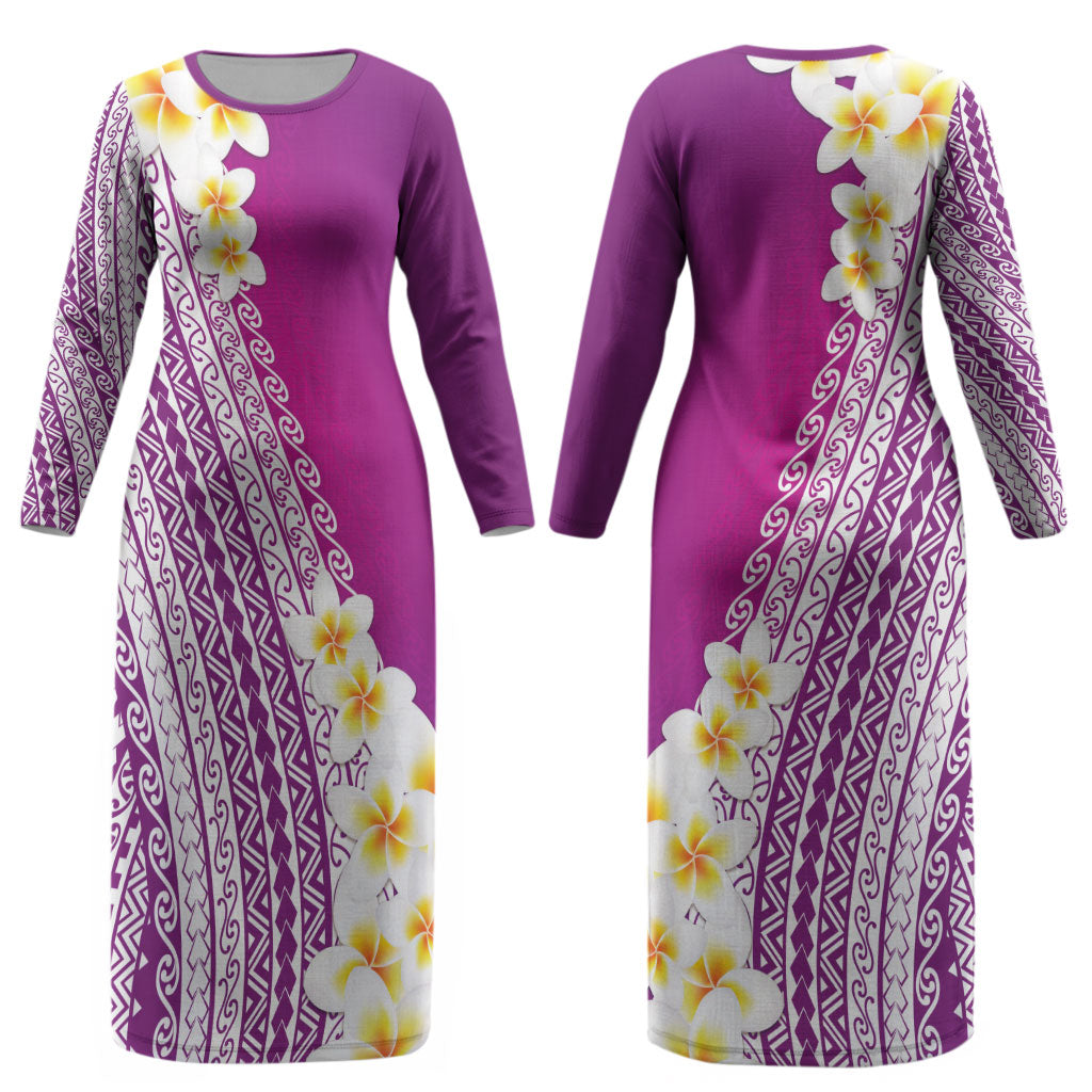 Tahiti Plumeria Tribal Pattern Couples Matching Long Sleeve Bodycon Dress and Long Sleeve Button Shirt Wave Style Purple LT05 - Polynesian Pride