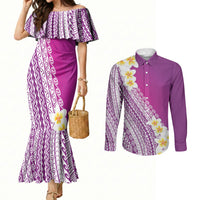 Tahiti Plumeria Tribal Pattern Couples Matching Mermaid Dress and Long Sleeve Button Shirt Wave Style Purple LT05 Purple - Polynesian Pride