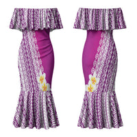 Tahiti Plumeria Tribal Pattern Couples Matching Mermaid Dress and Long Sleeve Button Shirt Wave Style Purple LT05 - Polynesian Pride