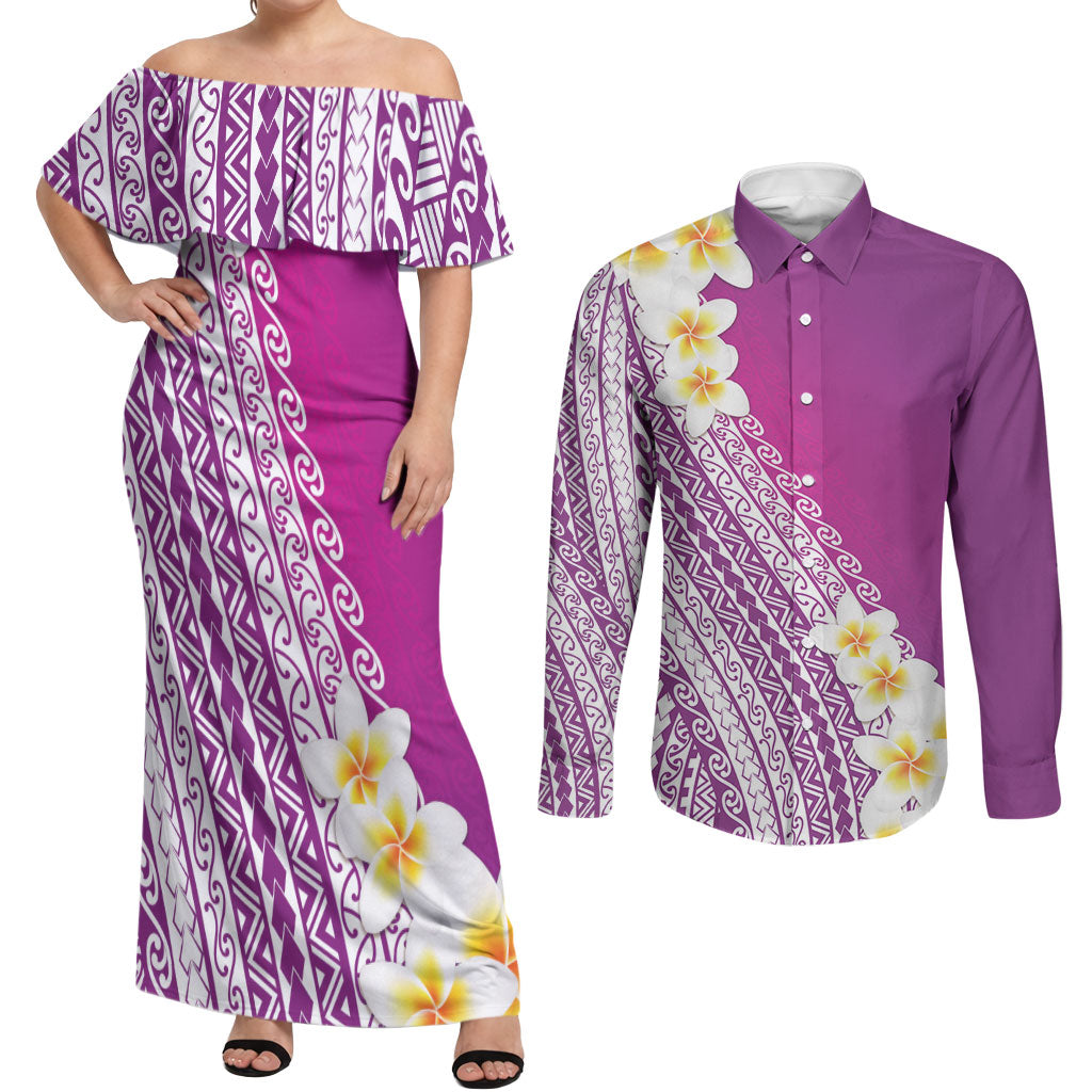 Tahiti Plumeria Tribal Pattern Couples Matching Off Shoulder Maxi Dress and Long Sleeve Button Shirt Wave Style Purple LT05 Purple - Polynesian Pride
