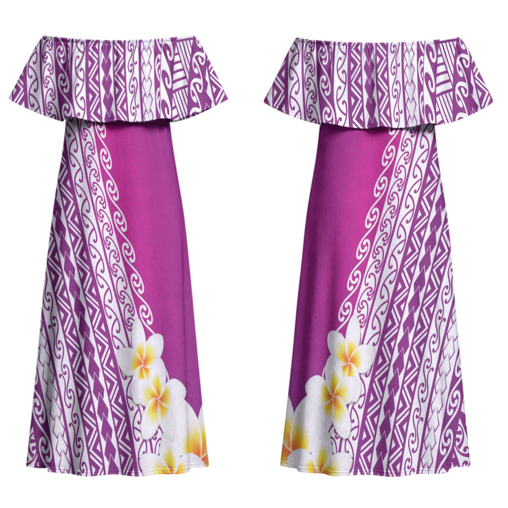 Tahiti Plumeria Tribal Pattern Couples Matching Off Shoulder Maxi Dress and Long Sleeve Button Shirt Wave Style Purple LT05 - Polynesian Pride