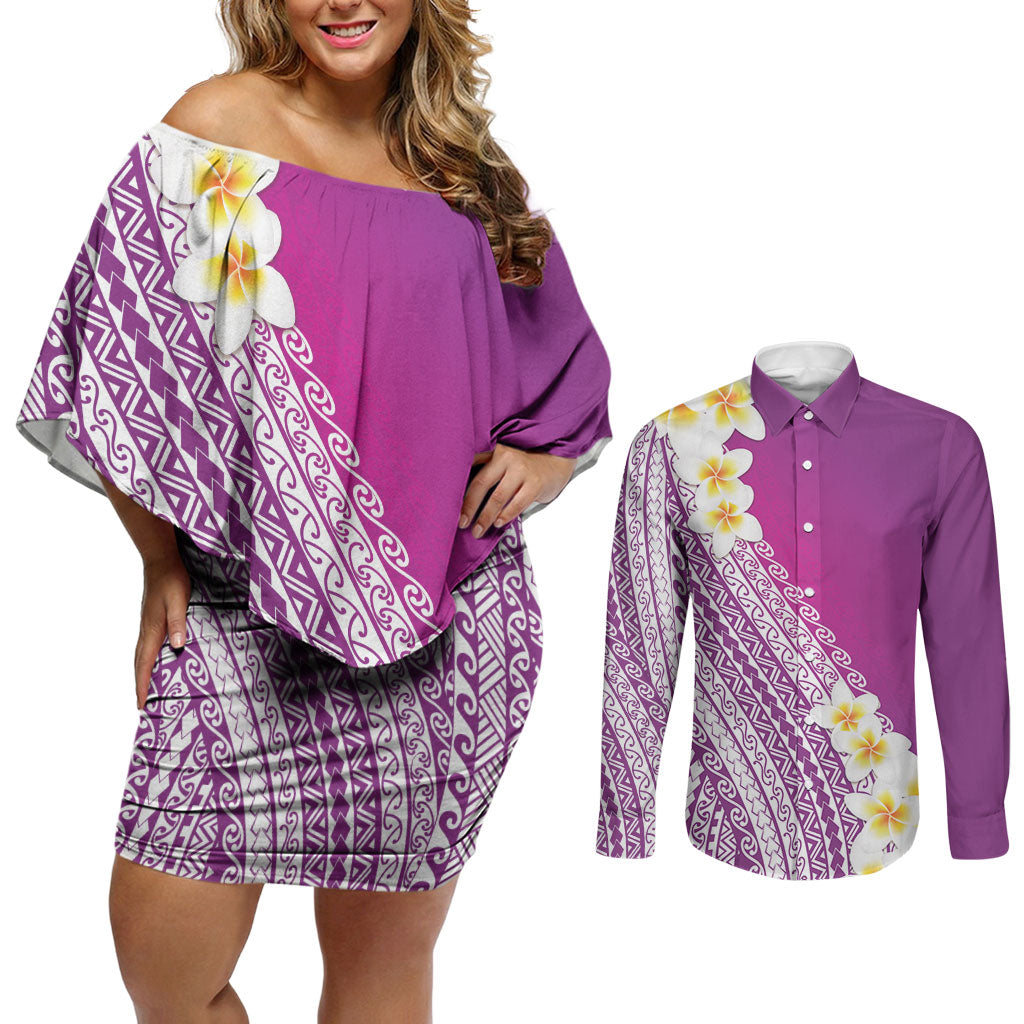 Tahiti Plumeria Tribal Pattern Couples Matching Off Shoulder Short Dress and Long Sleeve Button Shirt Wave Style Purple LT05 Purple - Polynesian Pride