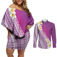 Tahiti Plumeria Tribal Pattern Couples Matching Off Shoulder Short Dress and Long Sleeve Button Shirt Wave Style Purple LT05 Purple - Polynesian Pride