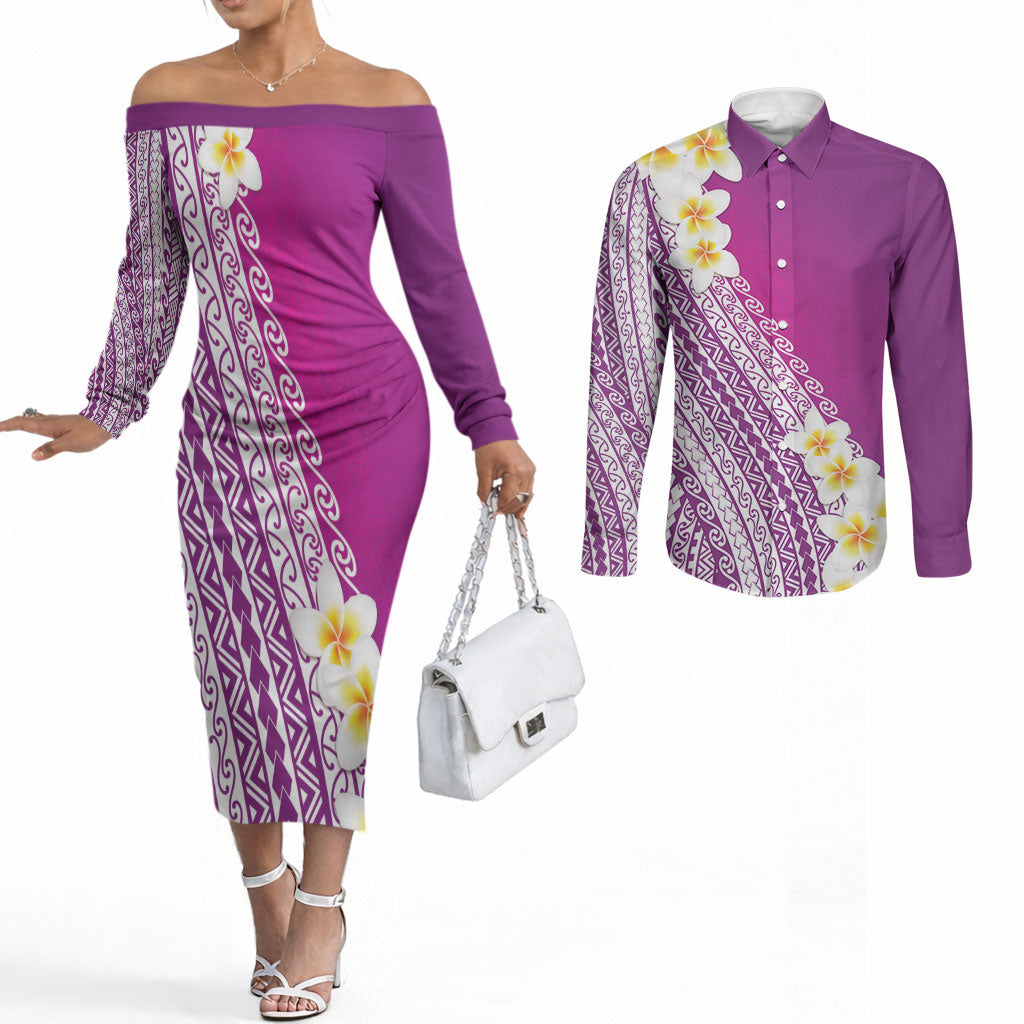 Tahiti Plumeria Tribal Pattern Couples Matching Off The Shoulder Long Sleeve Dress and Long Sleeve Button Shirt Wave Style Purple LT05 Purple - Polynesian Pride