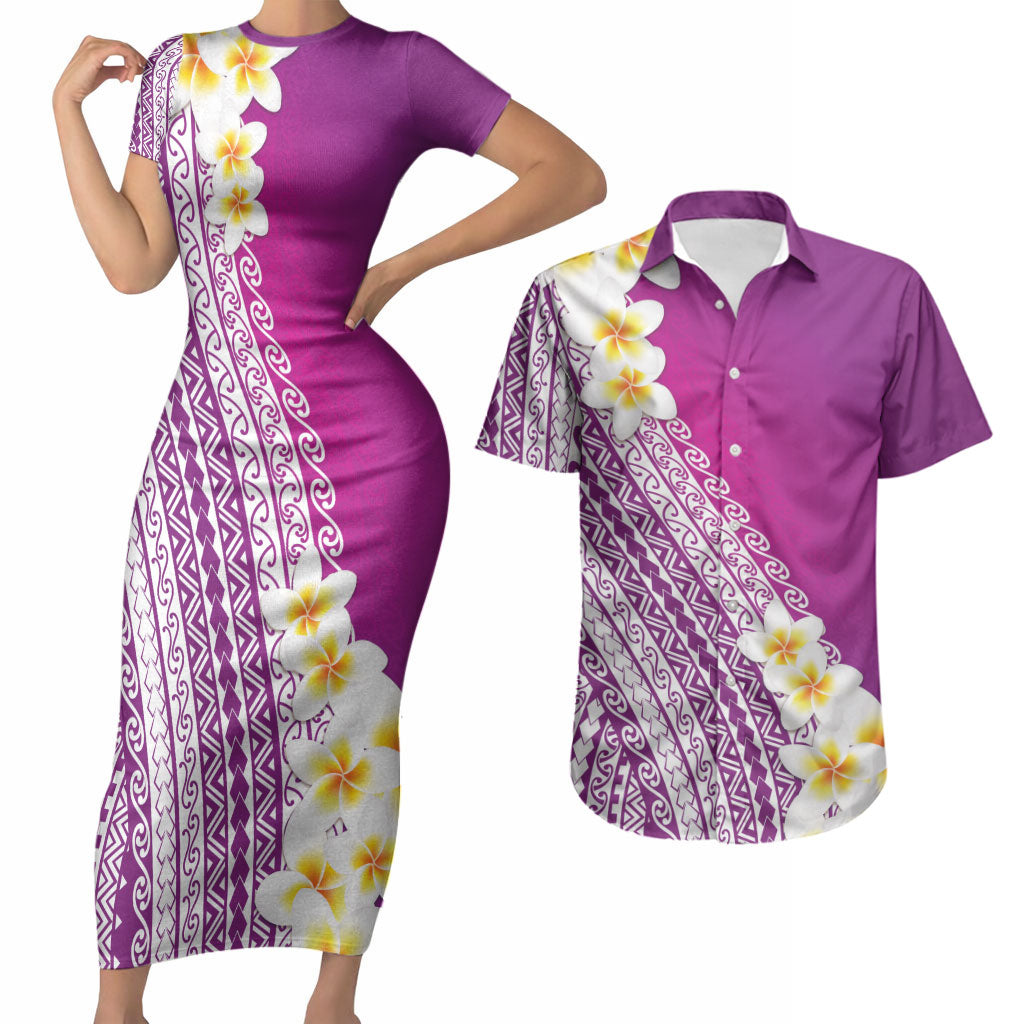 Tahiti Plumeria Tribal Pattern Couples Matching Short Sleeve Bodycon Dress and Hawaiian Shirt Wave Style Purple LT05 Purple - Polynesian Pride