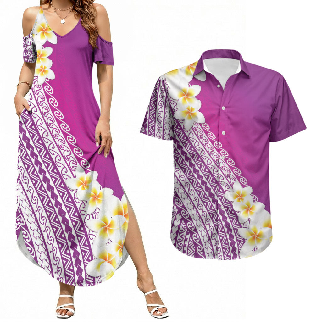 Tahiti Plumeria Tribal Pattern Couples Matching Summer Maxi Dress and Hawaiian Shirt Wave Style Purple LT05 Purple - Polynesian Pride