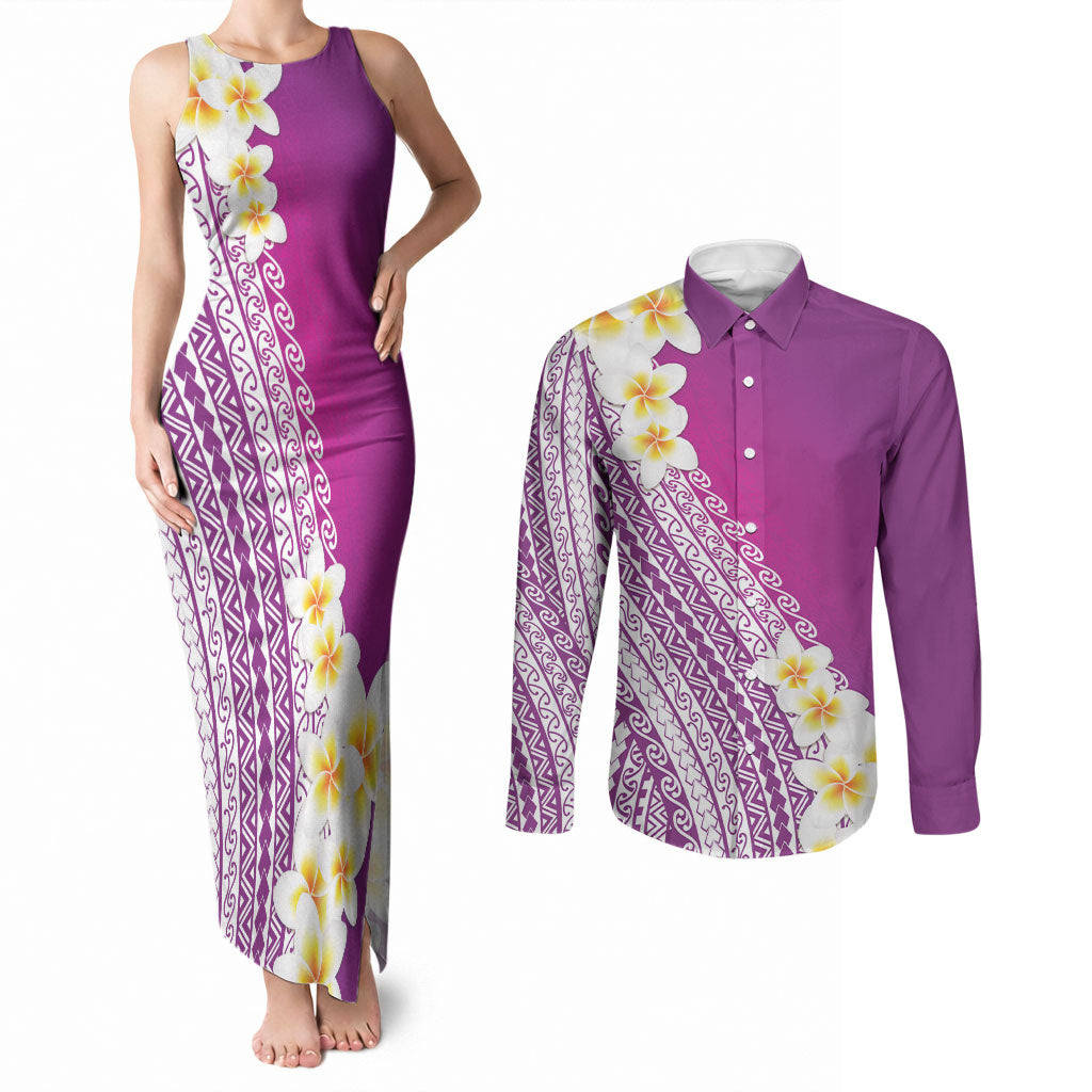 Tahiti Plumeria Tribal Pattern Couples Matching Tank Maxi Dress and Long Sleeve Button Shirt Wave Style Purple LT05 Purple - Polynesian Pride