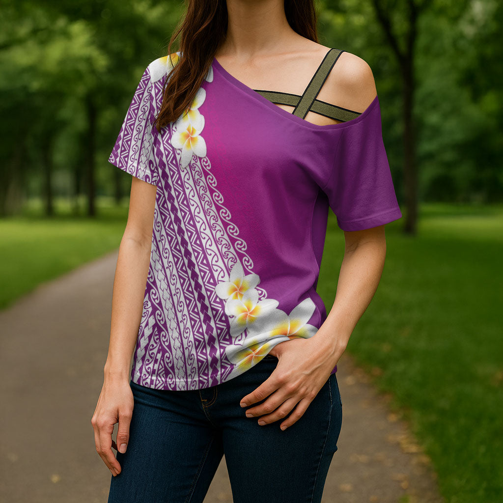 Tahiti Plumeria Tribal Pattern Cross Shoulder Shirt Wave Style Purple LT05 - Polynesian Pride