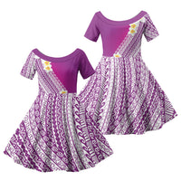 Tahiti Plumeria Tribal Pattern Family Matching Short Sleeve Bodycon Dress and Hawaiian Shirt Wave Style Purple LT05 Daughter's Dress Purple - Polynesian Pride