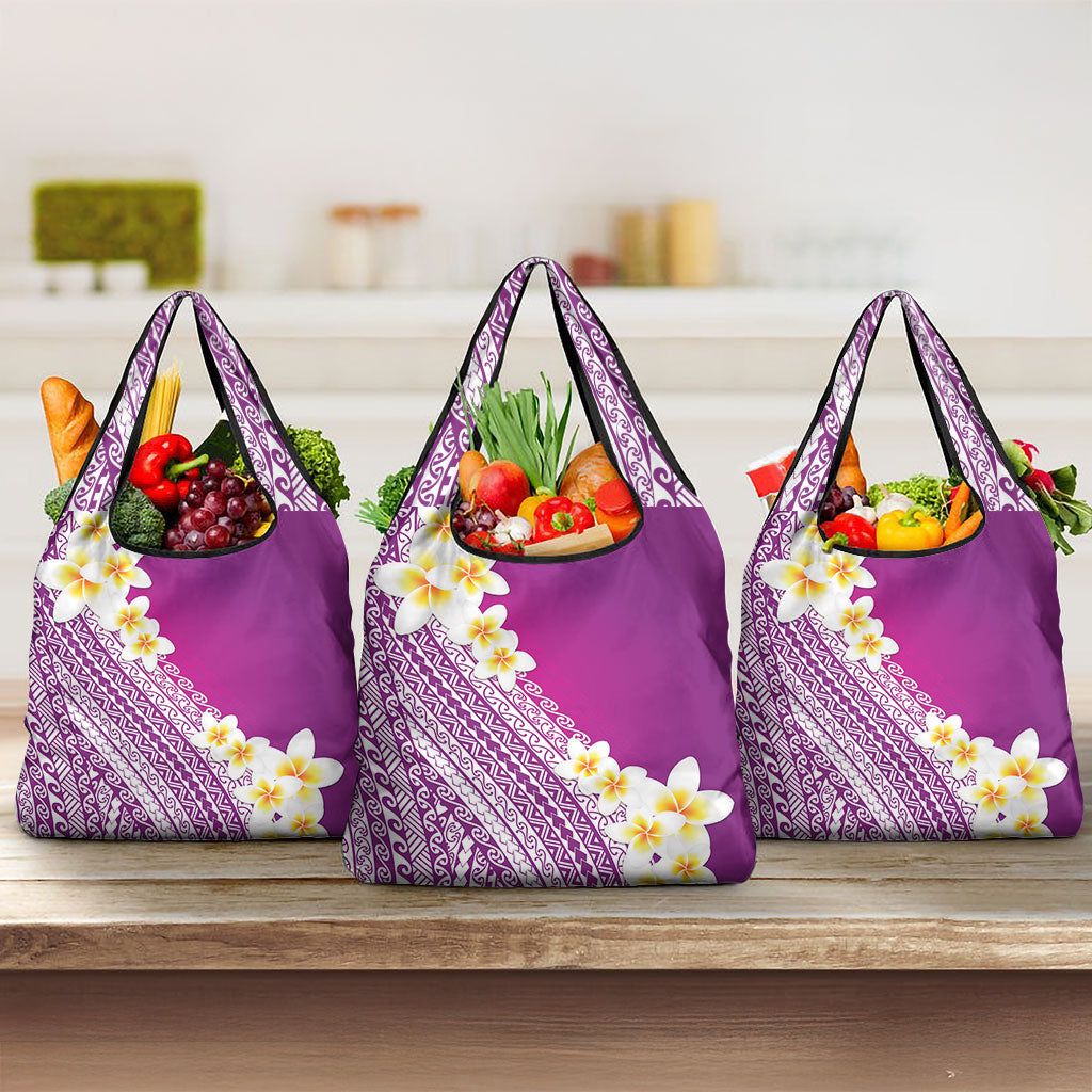 Tahiti Plumeria Tribal Pattern Grocery Bag Wave Style Purple LT05 3-pack One Size Purple - Polynesian Pride