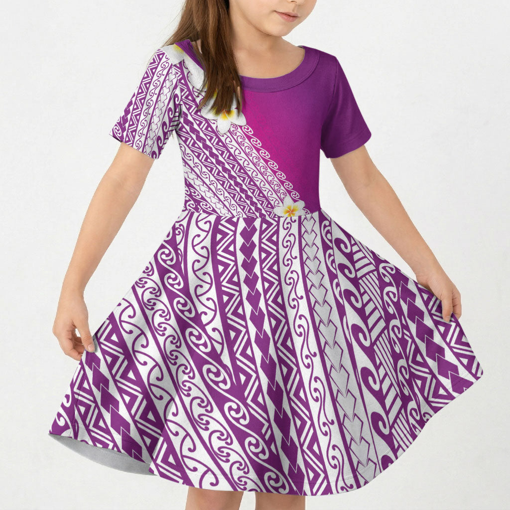Tahiti Plumeria Tribal Pattern Kid Short Sleeve Dress Wave Style Purple LT05 KID Purple - Polynesian Pride