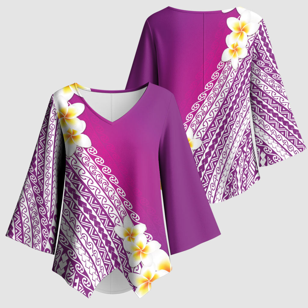 Tahiti Plumeria Tribal Pattern Kimono Sleeve Blouse Wave Style Purple LT05 - Polynesian Pride