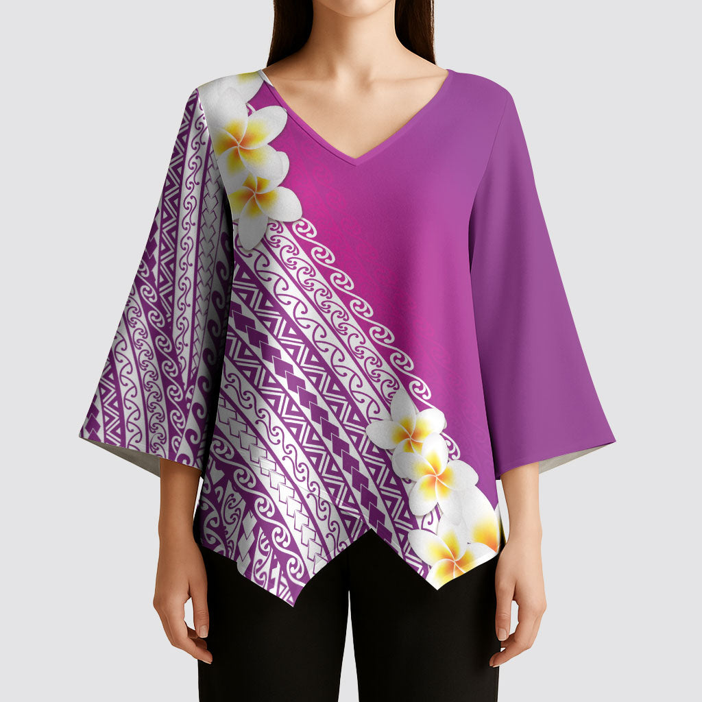 Tahiti Plumeria Tribal Pattern Kimono Sleeve Blouse Wave Style Purple LT05 - Polynesian Pride